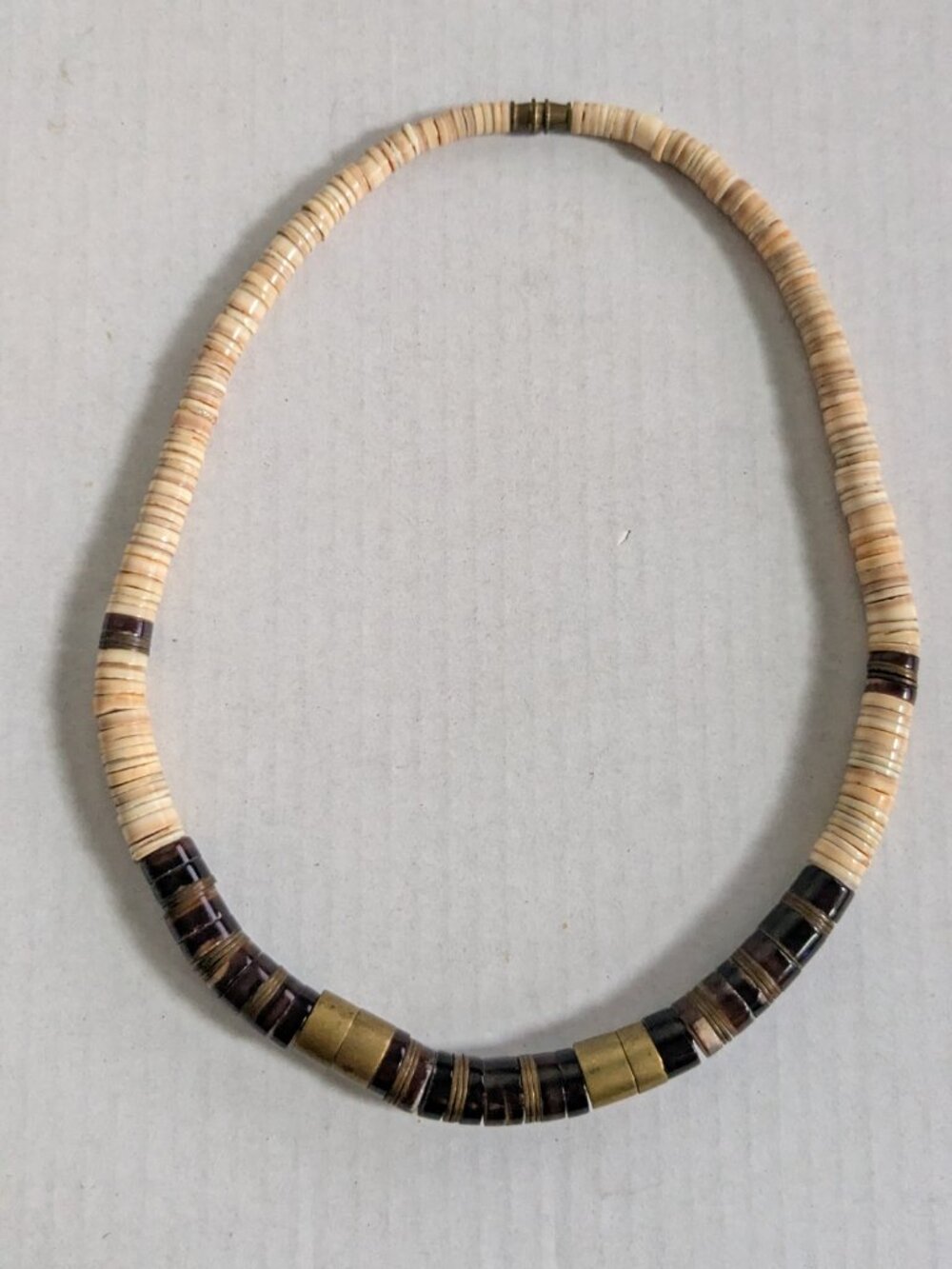 Vintage Heishi Beaded Metal Brass, Brown & Cream Necklace 16"